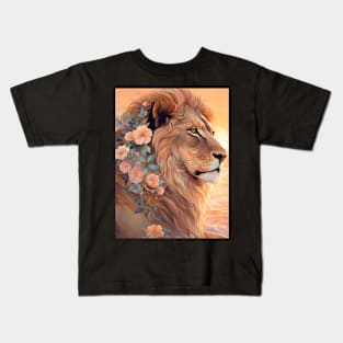 Floral Lion With Sunset Pastel Art Kids T-Shirt